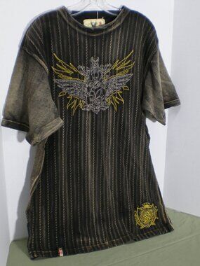 Kanji Black Distressed Tee Shirt with Embroidered Eagle, Size Large